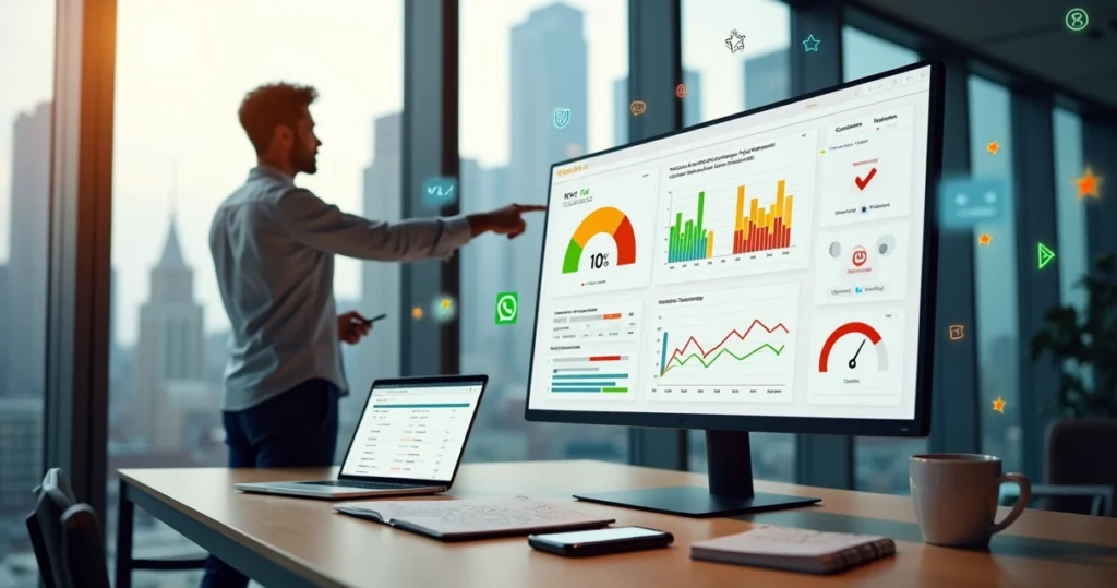 Gestor analisando painel de pesquisa NPS com gráficos de satisfação de clientes