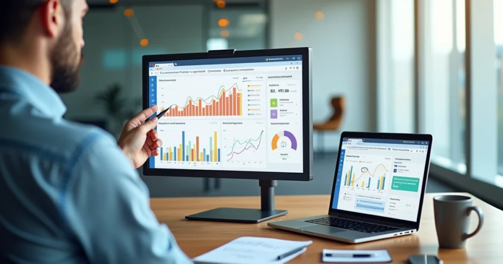Gestor analisando painel de testes de produto com métricas de satisfação do cliente