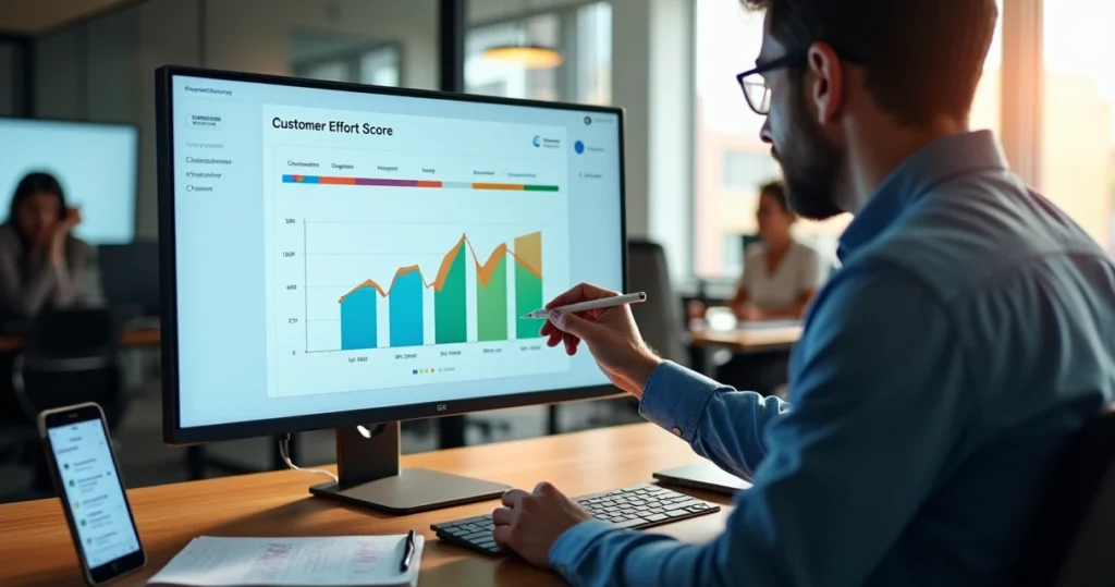 Gestor analisa painel de pesquisa CES com indicadores de esforço do cliente