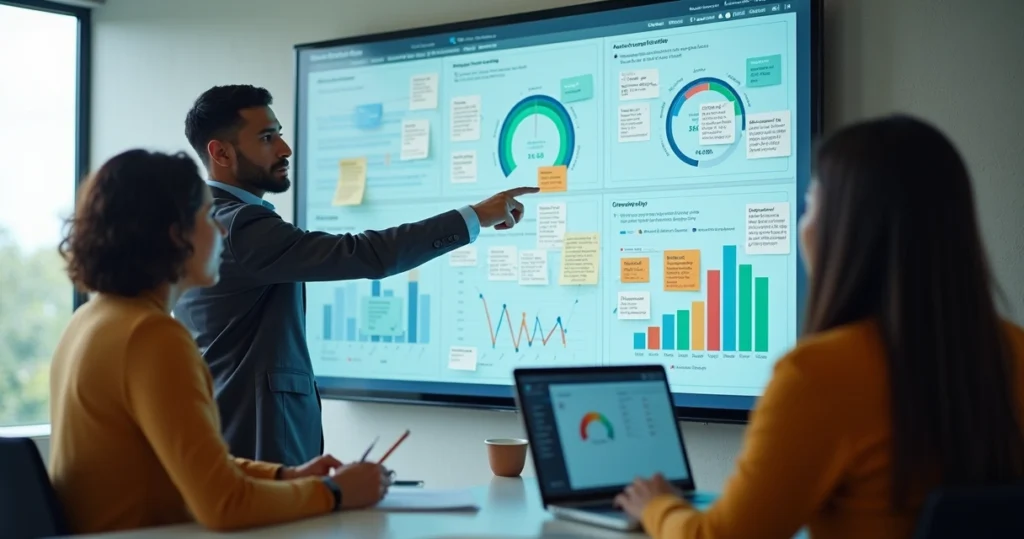 Equipe analisando pesquisa exploratória de clientes em painel digital