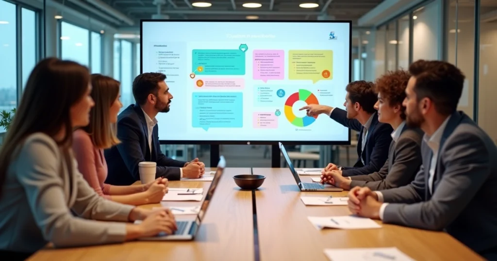 Equipe analisando pesquisa qualitativa com clientes em reunião híbrida