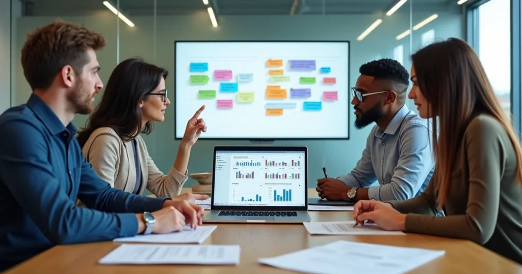 Equipe analisa feedbacks de clientes em reunião com gráficos e post-its