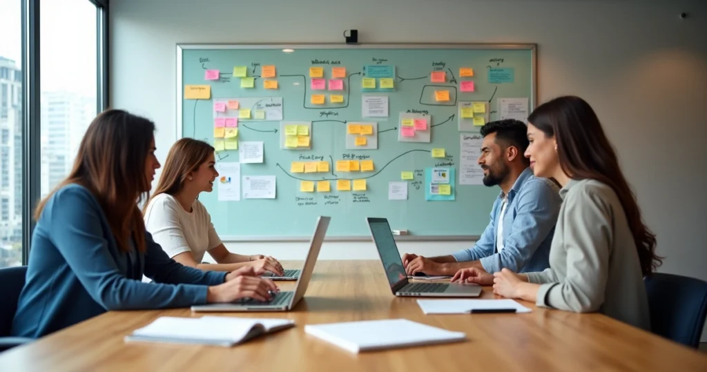 Equipe analisando dados qualitativos em post-its coloridos na parede