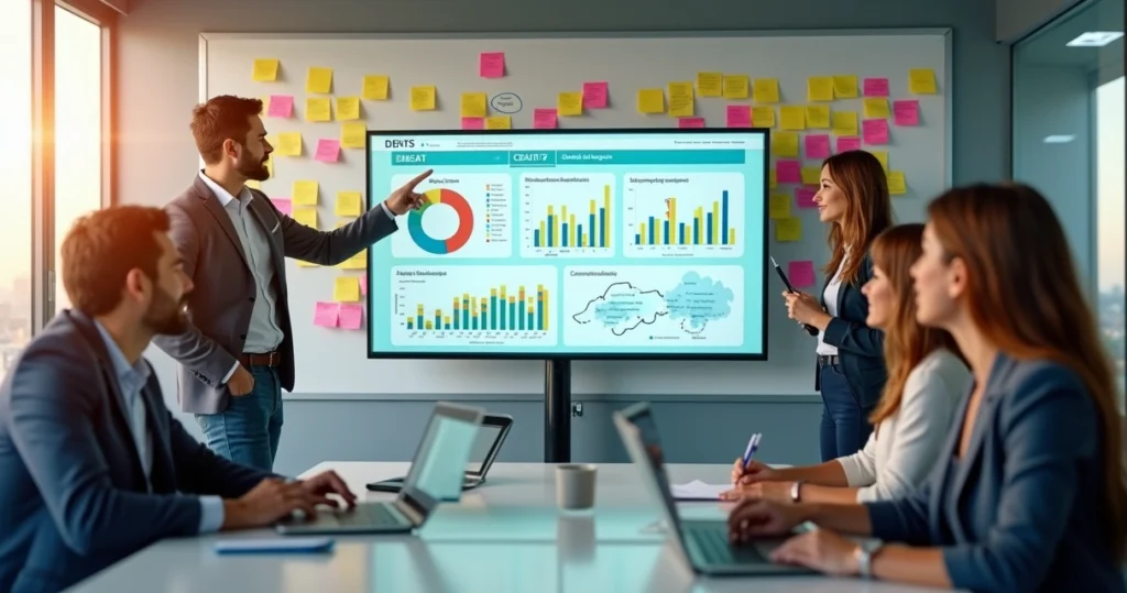 Equipe analisando feedbacks de clientes em tela com gráficos e anotações em post-its