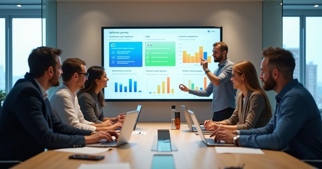 Equipe de negócios analisando pesquisa de satisfação B2B em tela grande