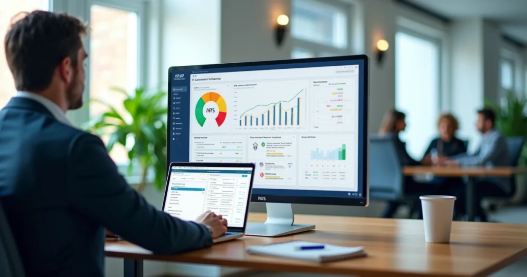 Gestor analisa painel de pesquisa de satisfação de clientes no computador