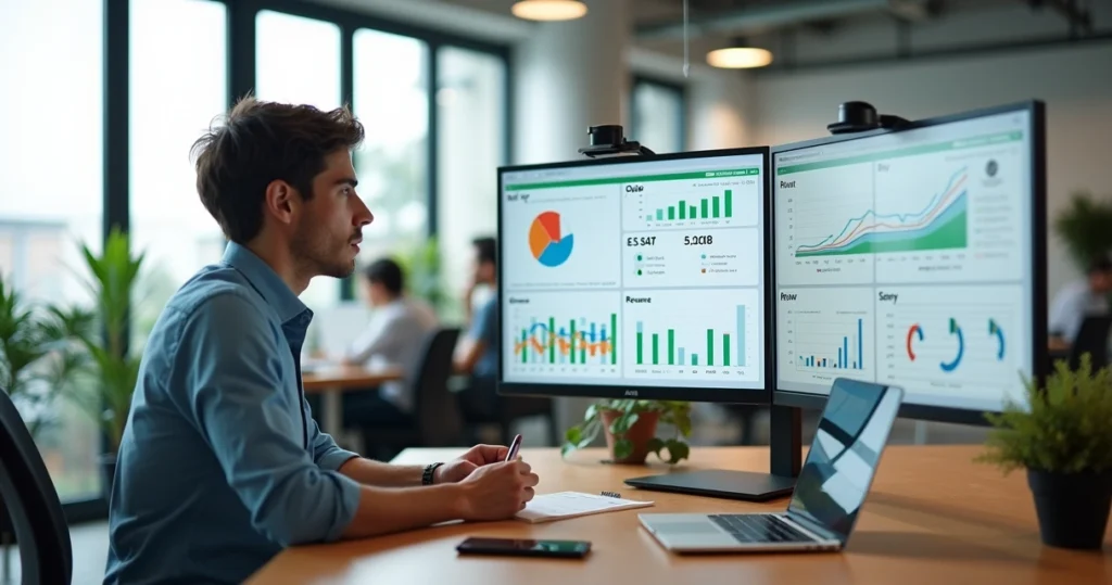 Profissional de customer success analisando métricas de clientes no computador em escritório moderno