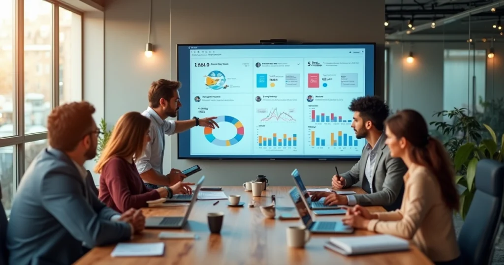 Painel de SaaS em nuvem sendo usado por equipe em escritório moderno