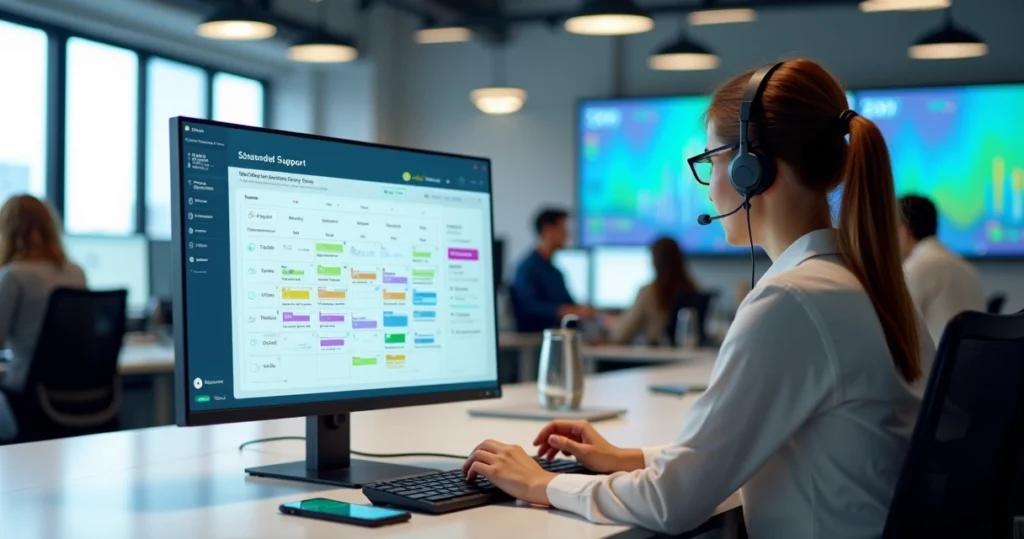 Equipe de atendimento usando painel de SAC com agendamento de horários para clientes