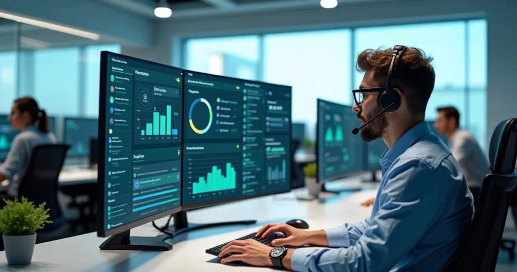 Equipe de atendimento usando canais digitais em um SAC moderno omnichannel