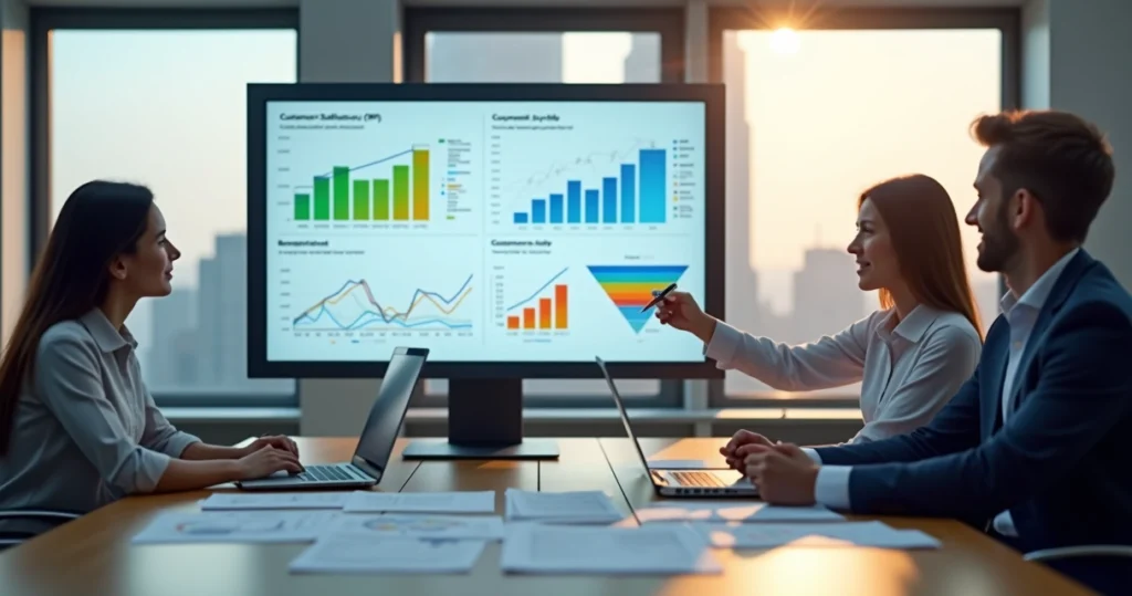 Gestor analisa métricas de satisfação e lealdade de clientes em painel com gráficos