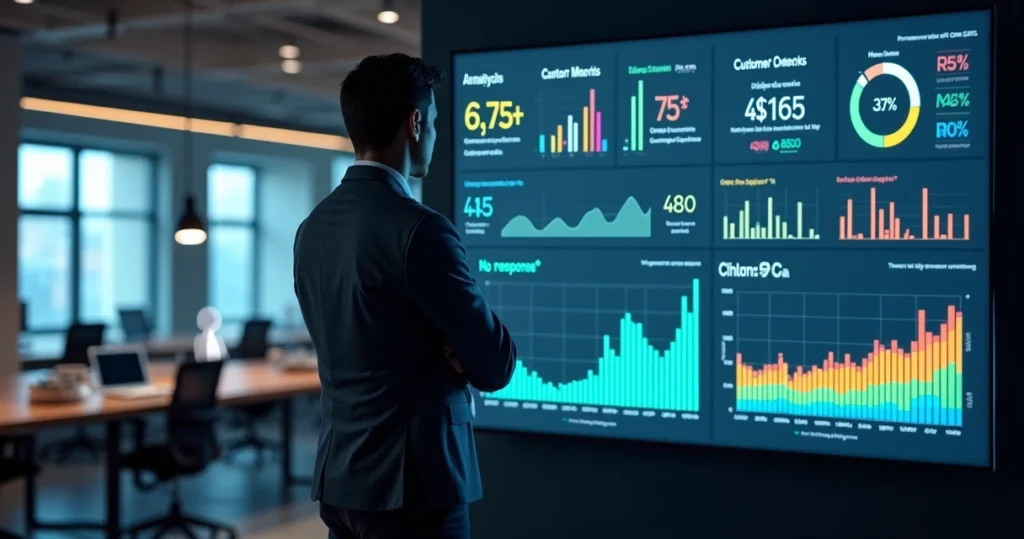 Gestor observando painel com métricas e lacunas de feedback de clientes