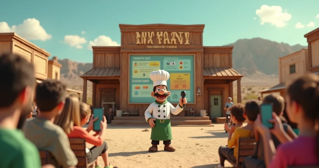Personagem pequeno de chef de cozinha em campanha política em cidade do deserto dos EUA