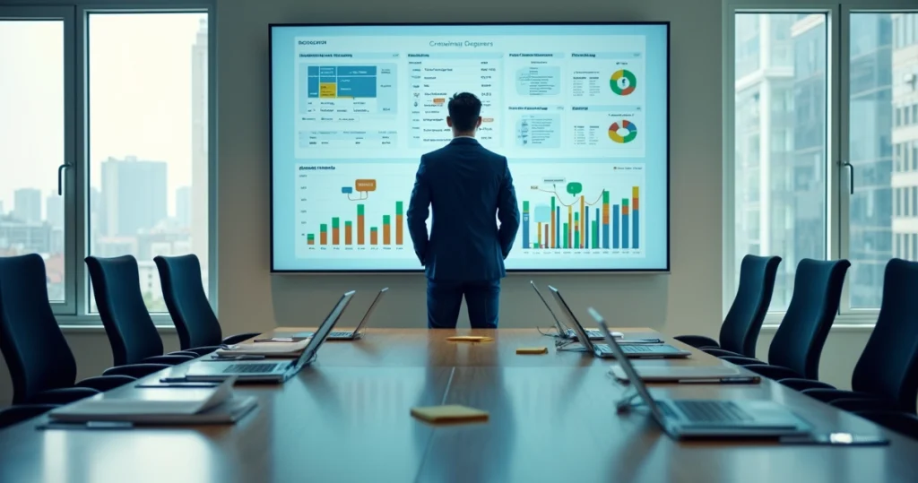Gestor analisa painel com gráficos de diferentes tipos de pesquisa