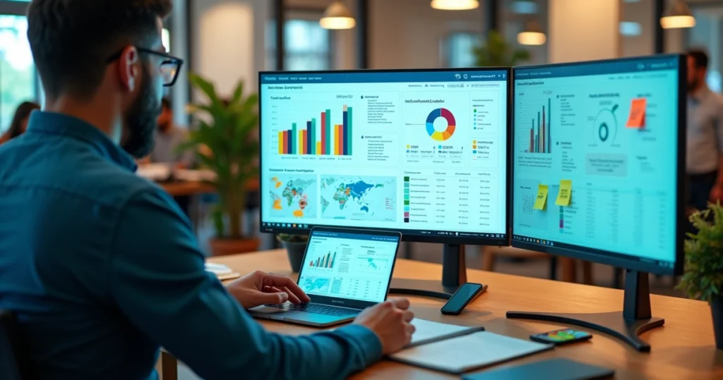 Profissional de UX designer analisando dados de salário e mercado em dashboard digital