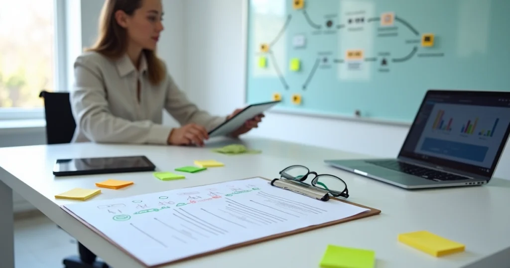 Gestor analisando checklist de auditoria de feedback SaaS sobre mesa organizada