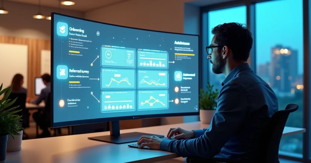 Gestor acompanhando fluxo automático de pós-venda em painel SaaS