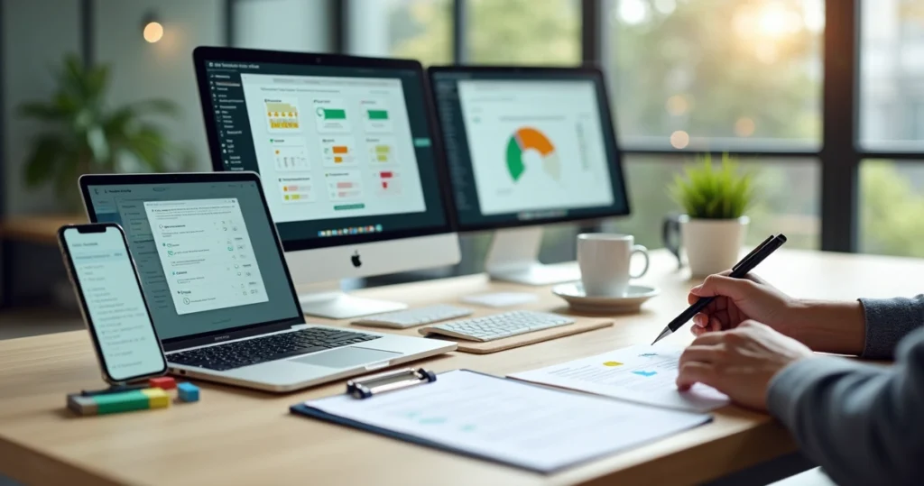 Profissional marca checklist de feedback em mesa com múltiplos dispositivos