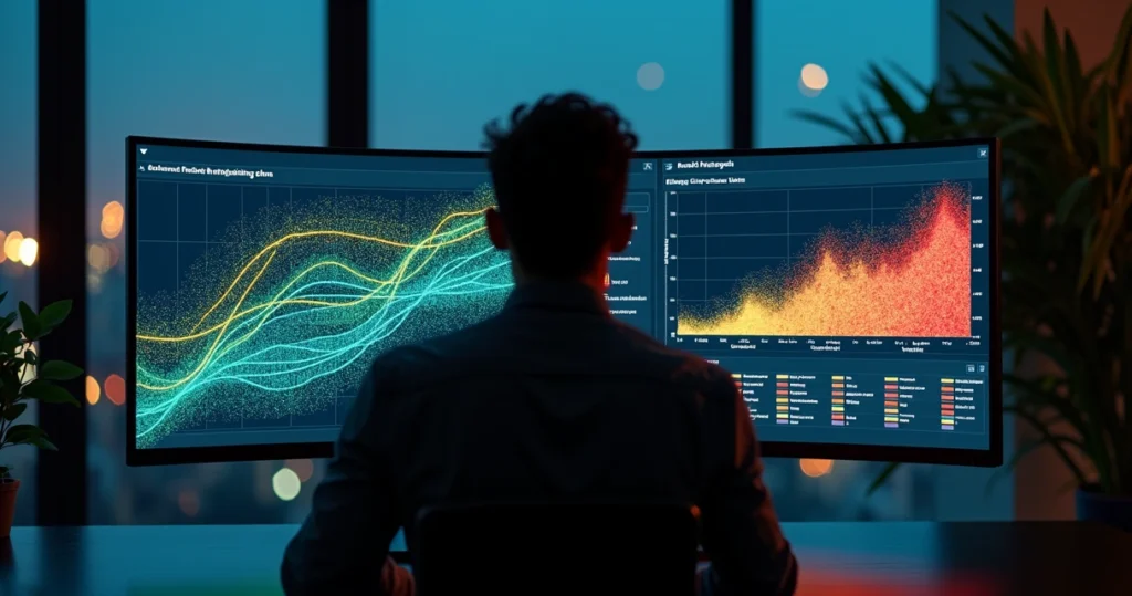 Dashboard de churn com fluxo de clientes e padrões de comportamento destacados