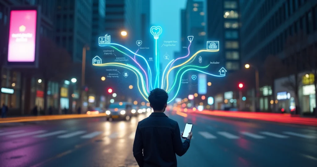 Cliente segurando mapa digital escolhendo diferentes caminhos em avenida iluminada à noite
