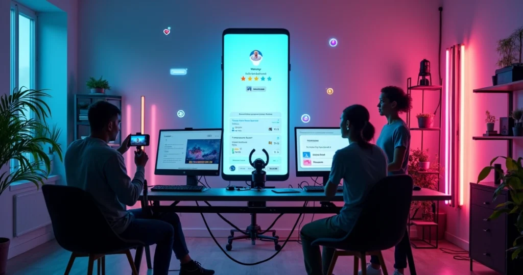 Criadores de conteúdo em estúdio interagindo com pesquisa digital em tela gigante