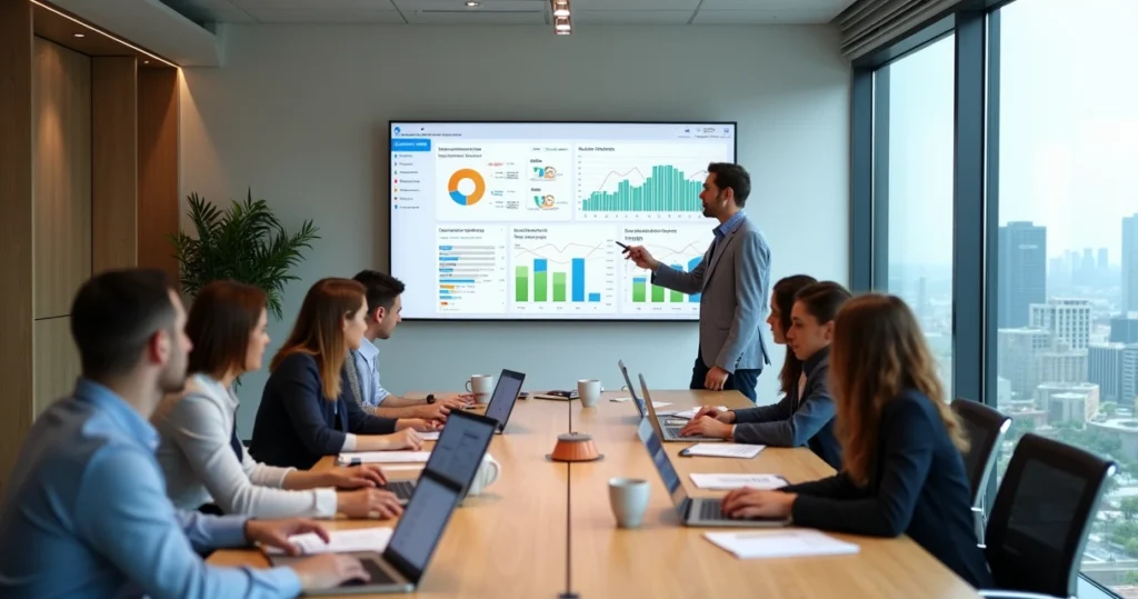 Customer success manager conduz reunião olhando painel digital de métricas de clientes