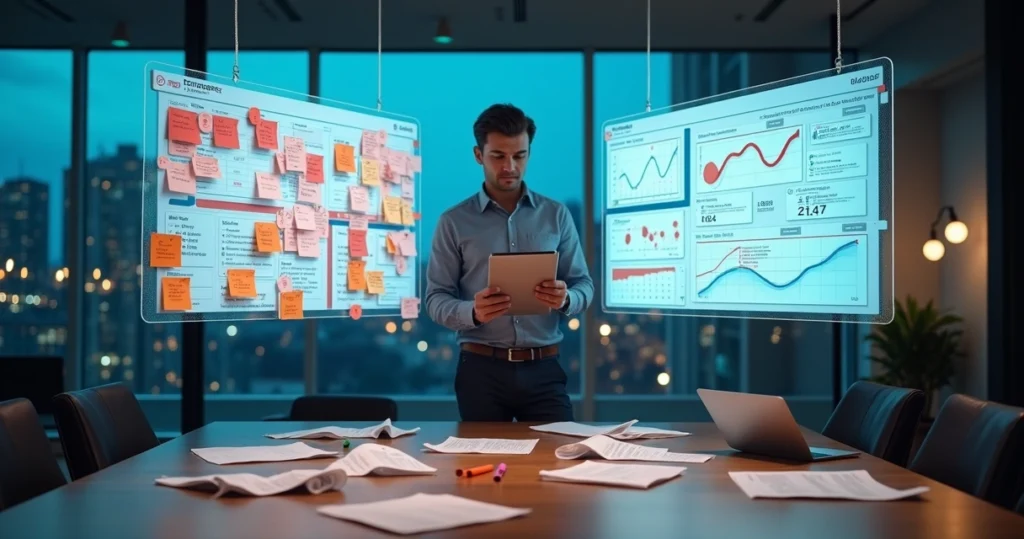 Profissional de marketing confuso observa gráficos divergentes em painel digital de feedback