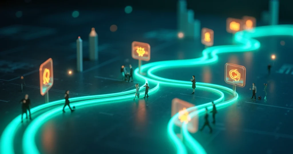 Caminho de vendas mostrado como trilha iluminada guiada por ícones de feedback de clientes
