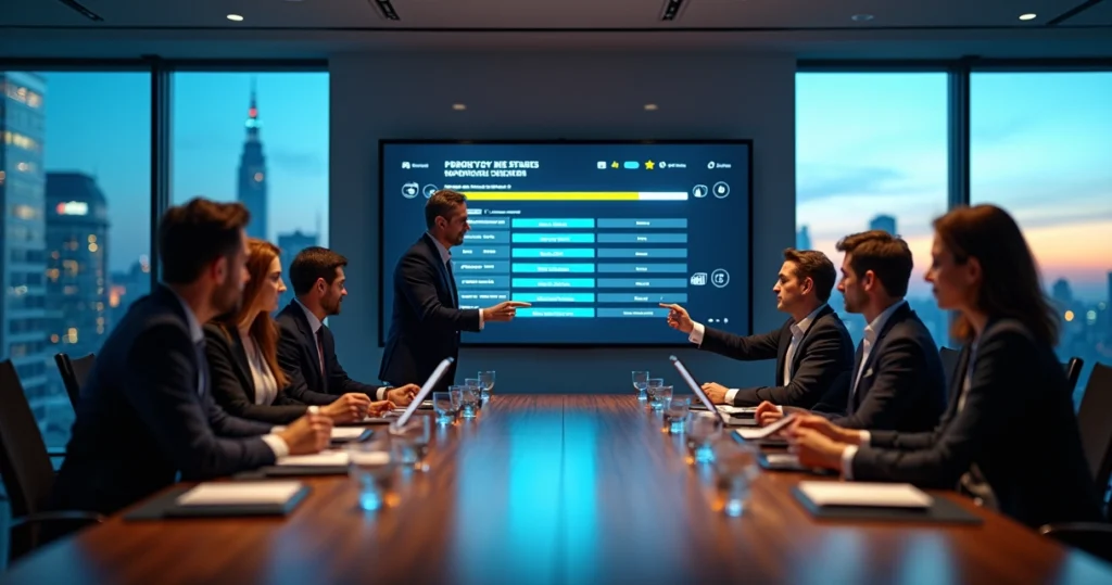 Executivos em sala de reunião moderna interagindo com pesquisa em tela transparente