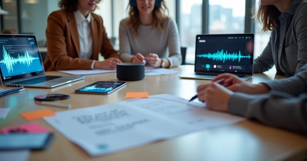 Equipe de produto ouvindo feedback por áudio em mesa colaborativa