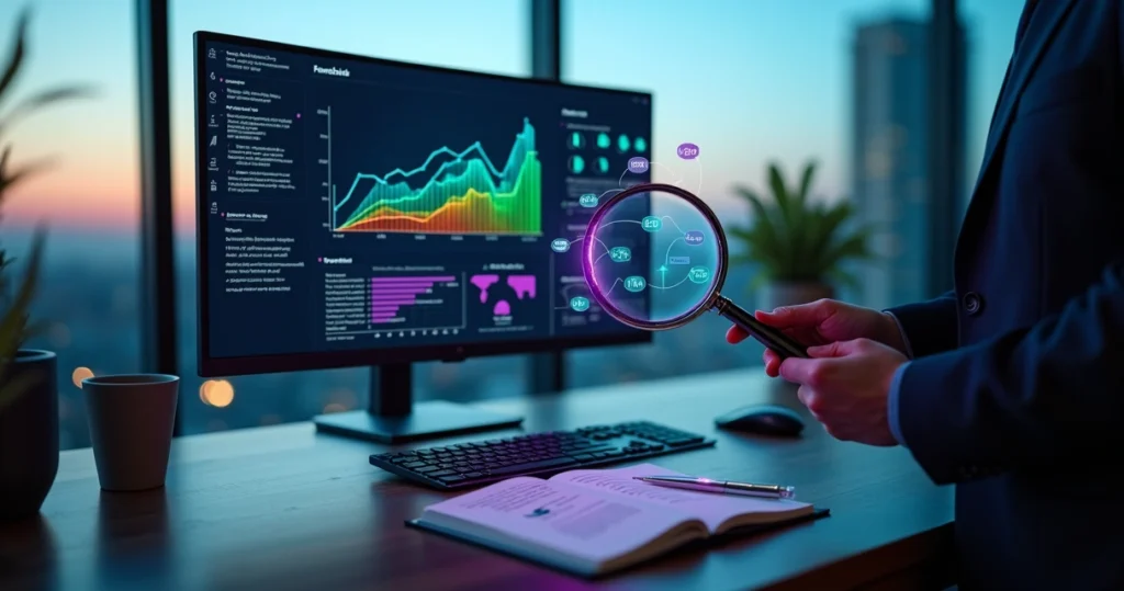 Executivo analisando feedbacks em gráfico com lupa em escritório moderno