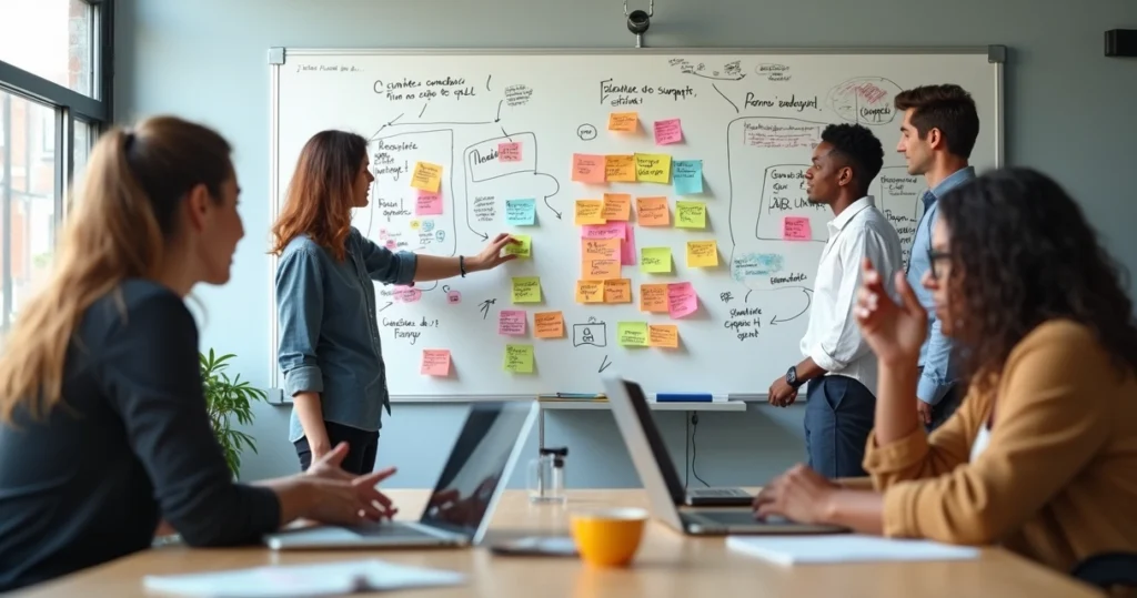 Equipe de produto SaaS reunida em volta de quadro branco cheio de post-its e rabiscos
