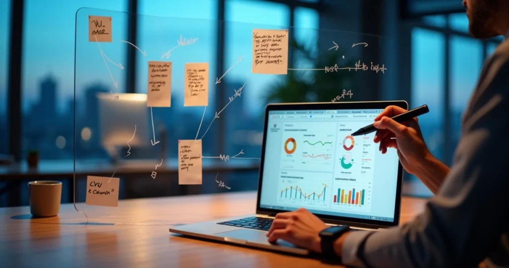 Executivo de SaaS conecta post-its de feedback a gráficos financeiros em laptop