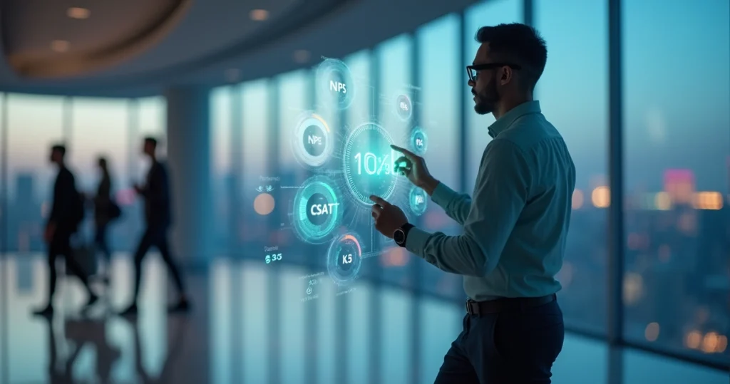 Executivo usando smartwatch e óculos inteligentes com gráficos de feedback no ar