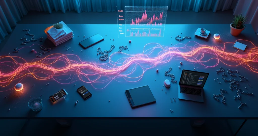 Fluxo visual complicando a integração entre dados de pesquisa e painel de analytics SaaS