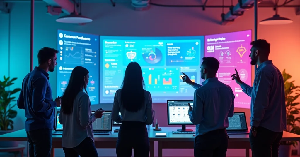 Equipe diversa interagindo com painel gigante em formato de videogame com métricas de feedback