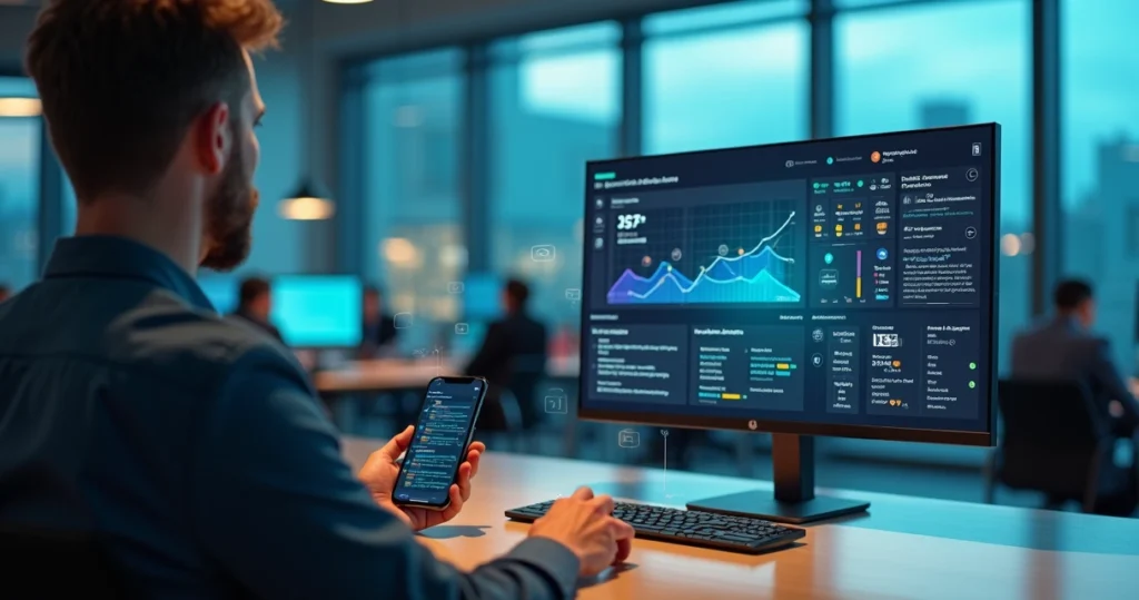 Gestor B2B observando notificações push de feedback em painel e smartphone