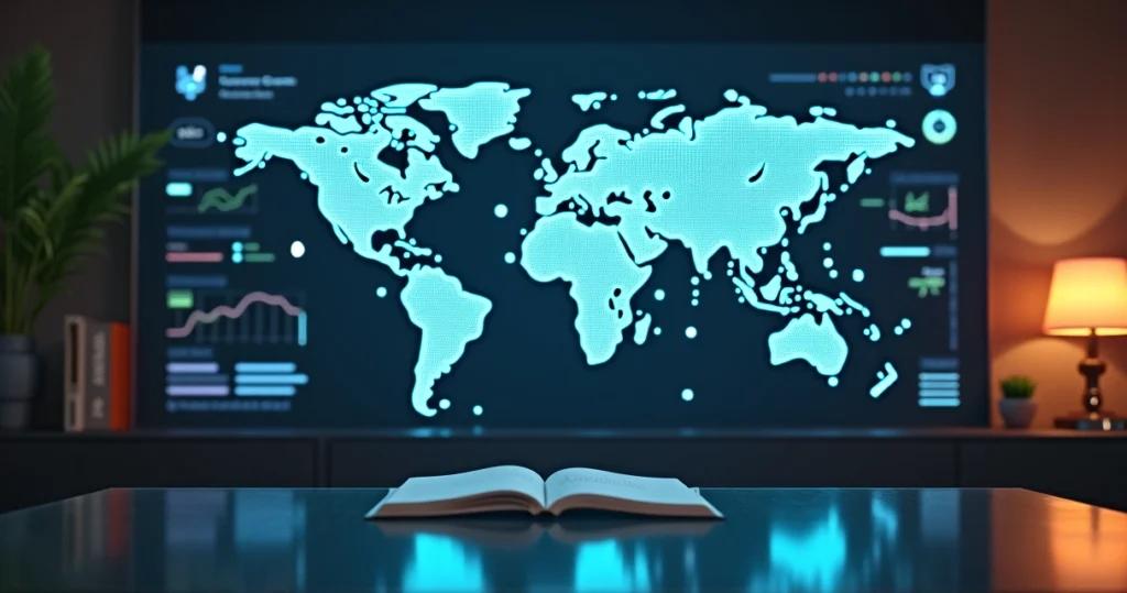 Mapa-múndi com ícones de pesquisa se conectando em painel de feedback global