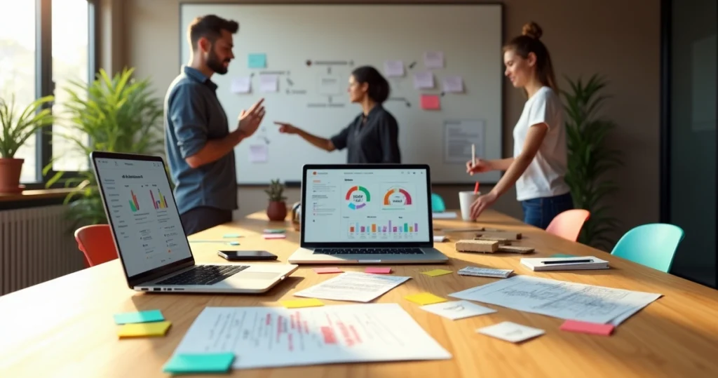 Equipe de design colaborando em mesa com protótipo digital e cards de feedback de clientes