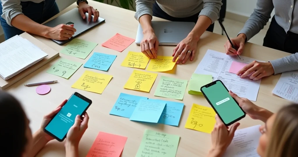 Cartas coloridas de feedback organizadas em mesa de reunião moderna