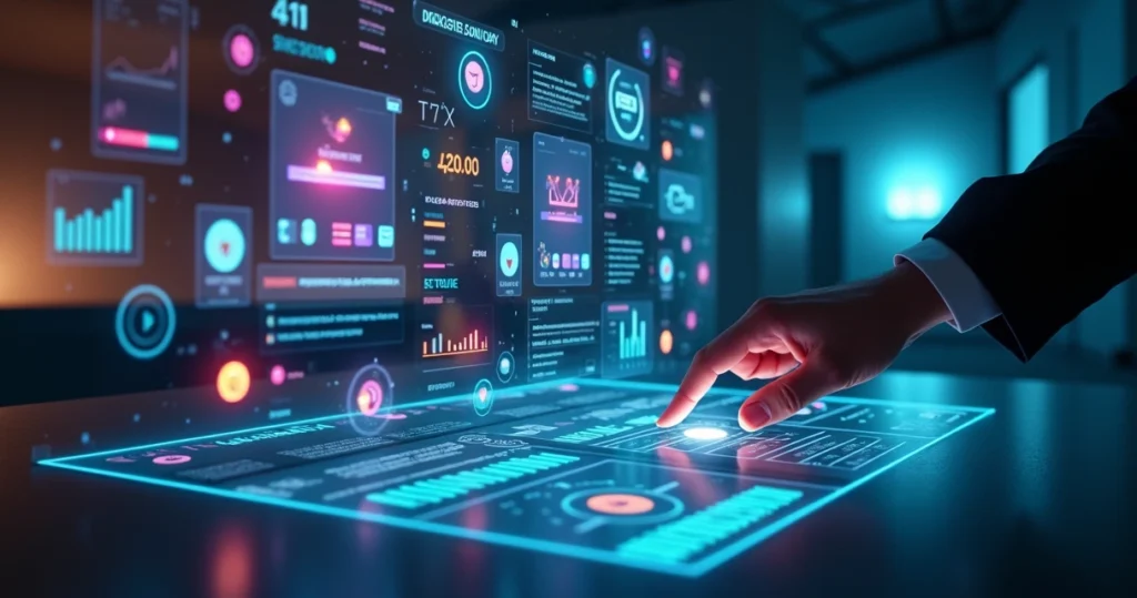 Interface de pesquisa digital em painel luminoso com microinterações destacadas