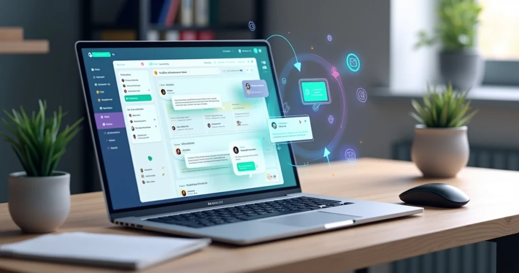 Ilustração realista de notificações de feedback integradas ao Slack em ambiente de trabalho digital