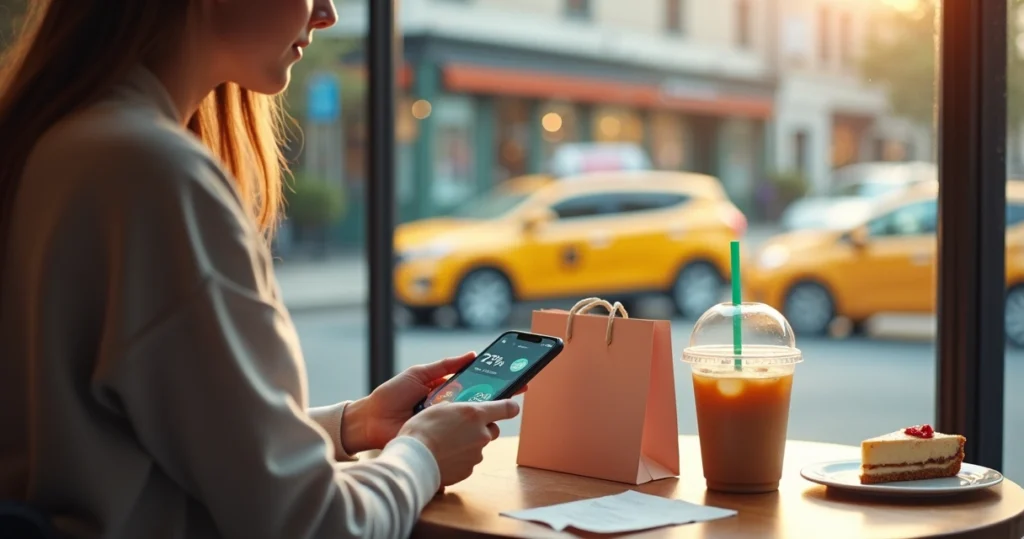 Pessoa jovem segurando café e sacola pequena sobre gráfico de gastos em dólar