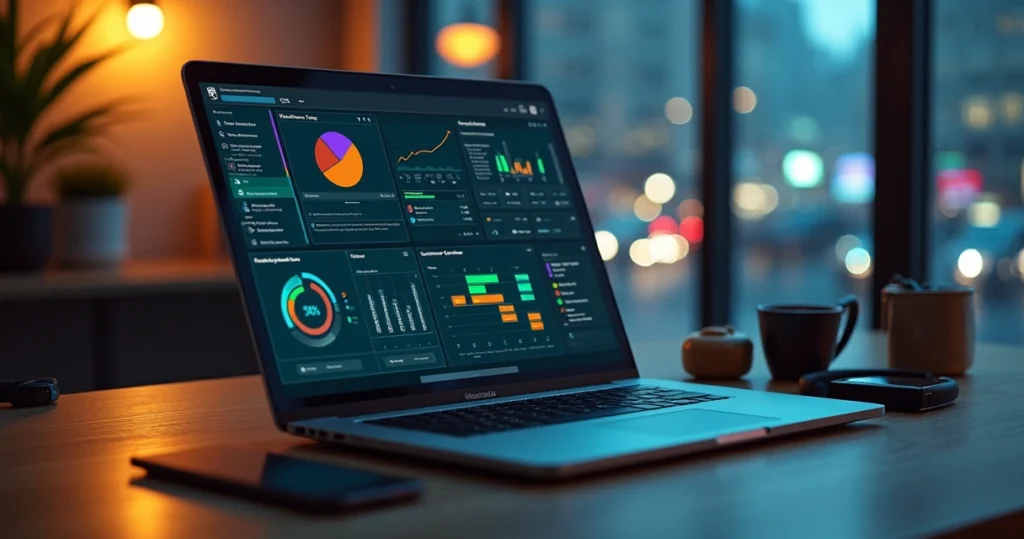 Tela de laptop com mapa de nichos de mercado e gráficos dinâmicos de pesquisa