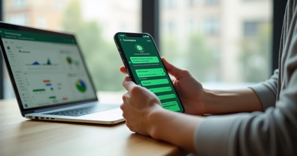 Pessoa segurando celular com conversa de pesquisa de feedback no WhatsApp na tela
