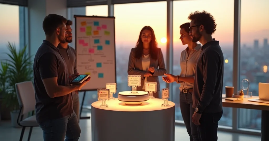 Equipe analisando protótipo físico com notas adesivas de feedback
