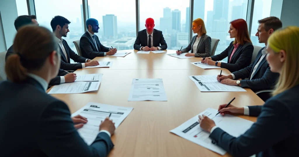 Mesa de reunião vista de cima com silhuetas coloridas revelando vieses ocultos em discussão B2B