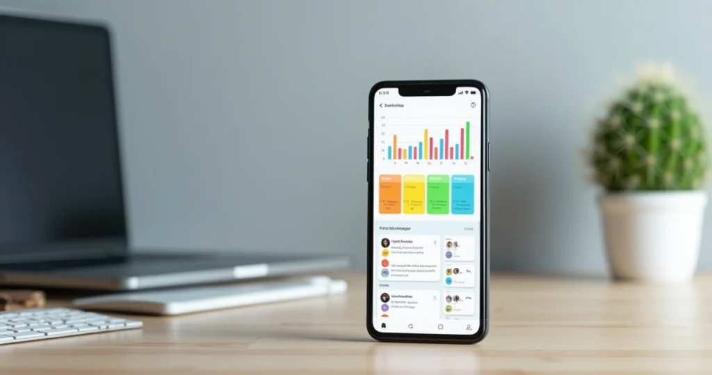 Smartphone exibindo interface de app com gráficos de UX e feedbacks coloridos