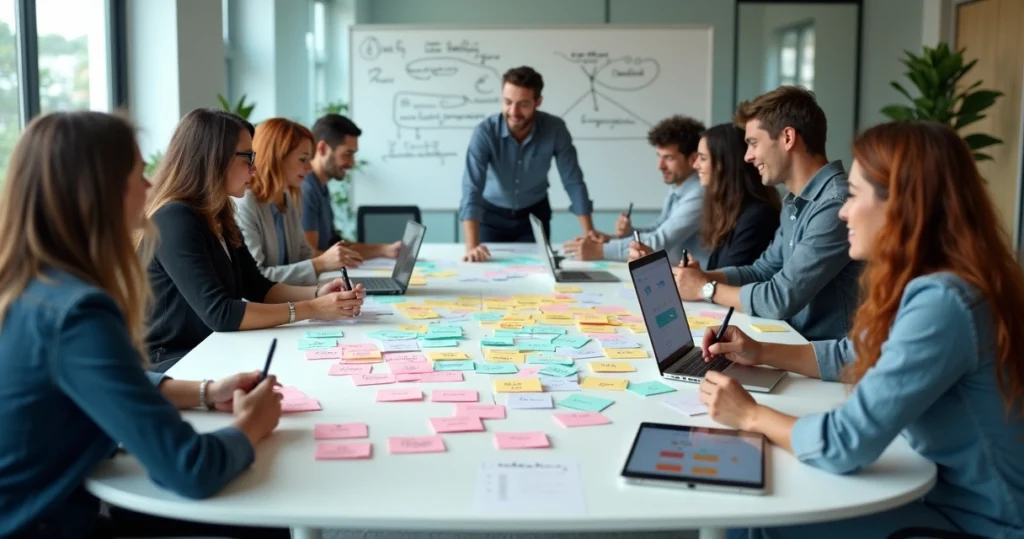 Equipe de produto analisando cartões de feedback alinhados com um protótipo de app em mesa branca