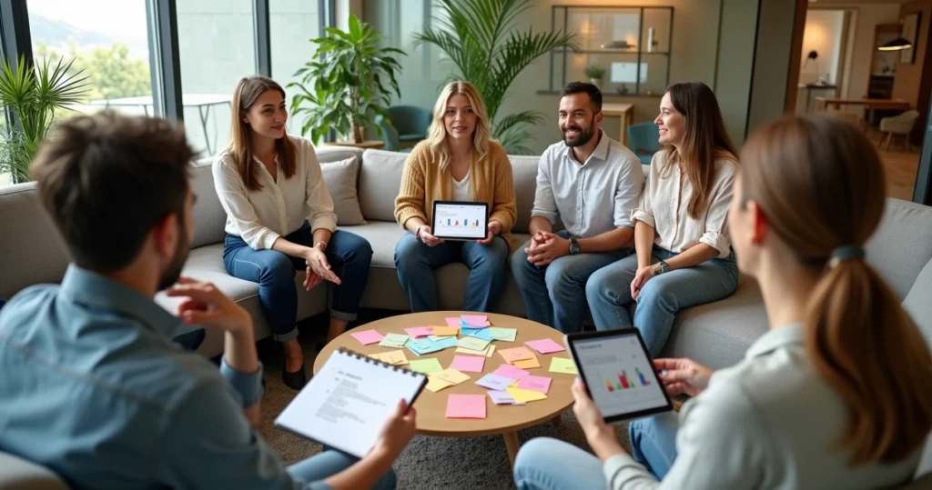 Equipe em círculo discutindo feedback em reunião informal